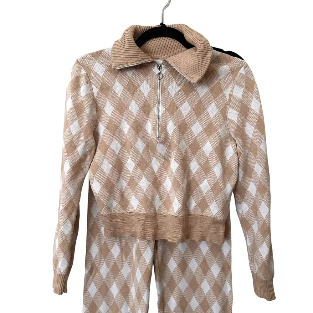 SAYLOR Checkered Knit Pant‎ Set Tan/White Small